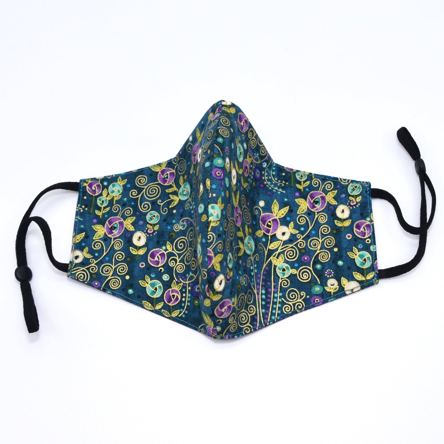 Teal colored reusable cotton face mask with abstract roses