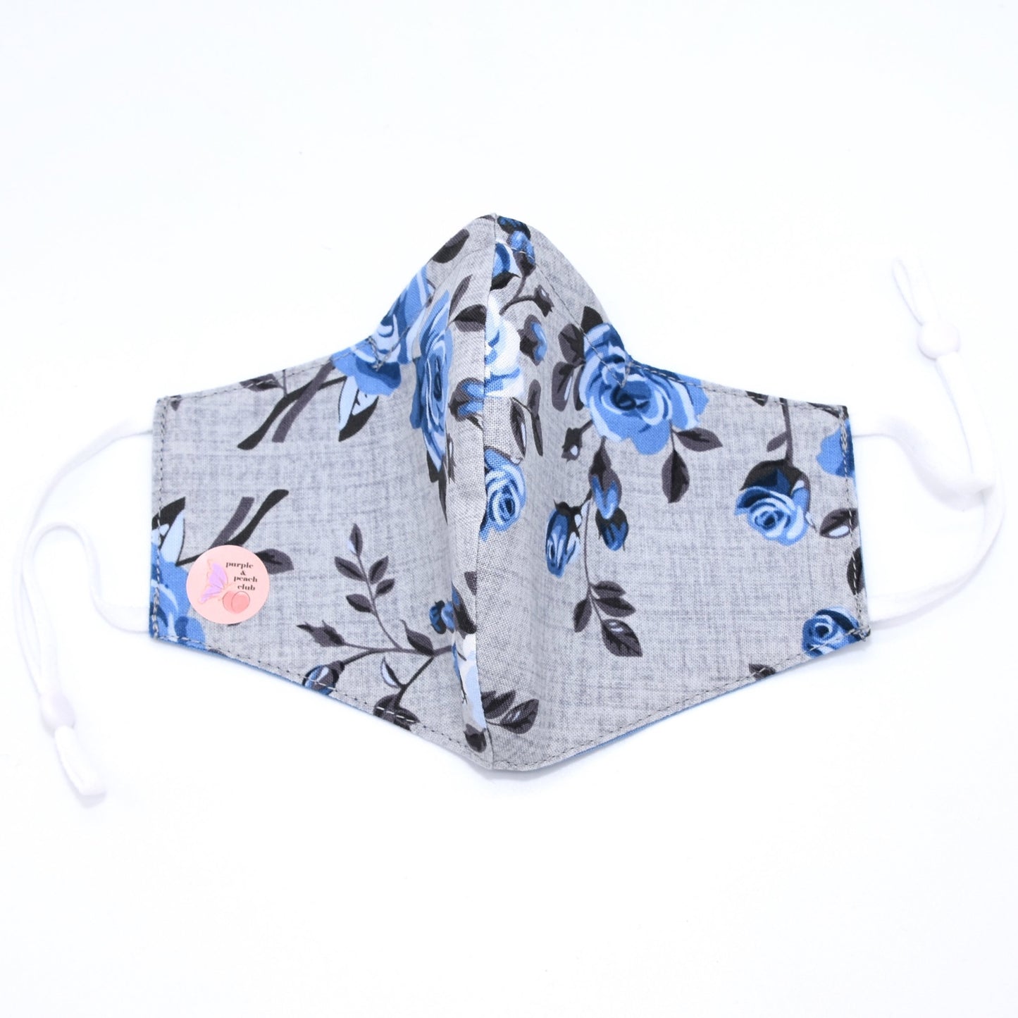 Blue Roses on Gray Print Reversible Face Mask