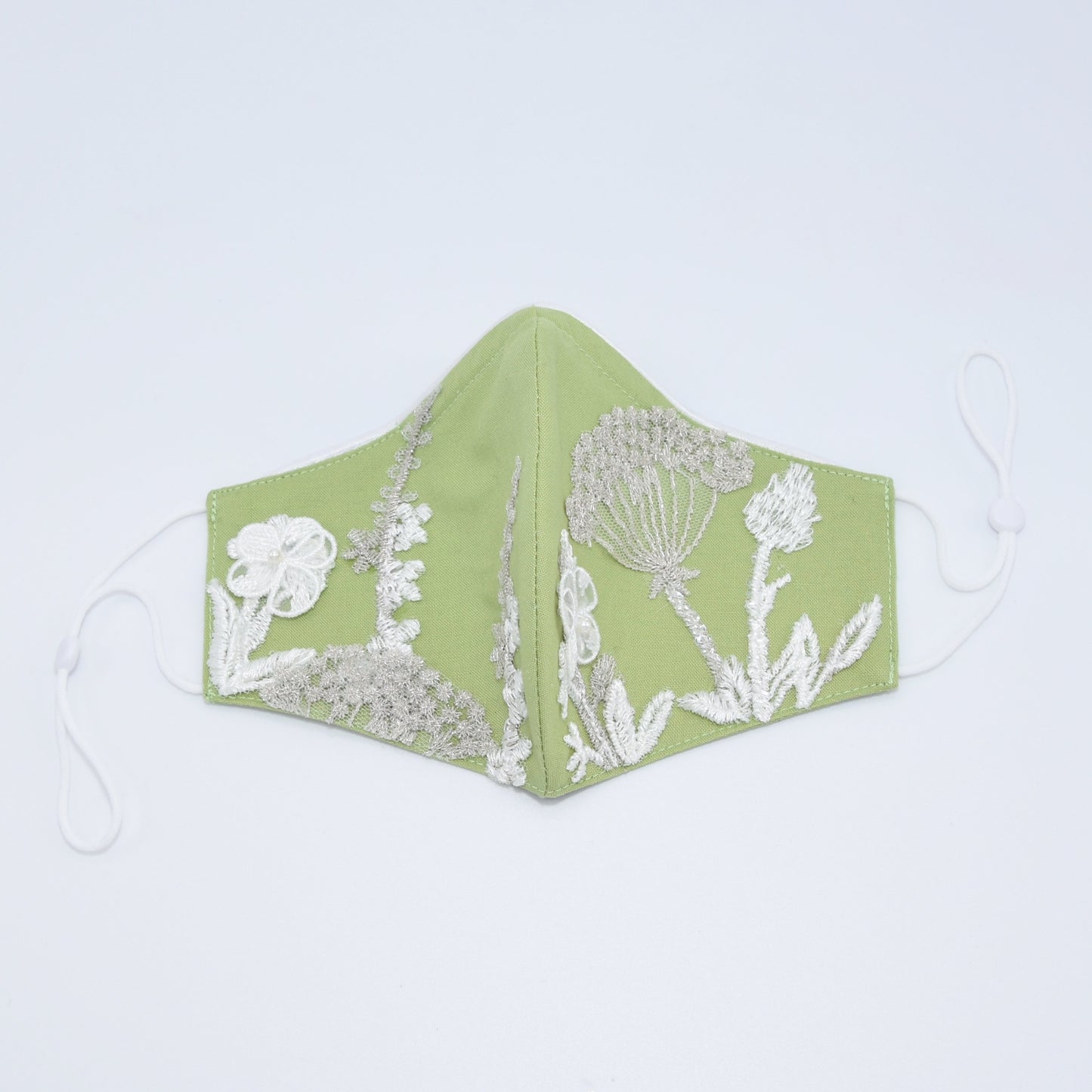 Pastel Green Bridesmaid Face Mask with Embroidery Appliqué and White Satin Piping