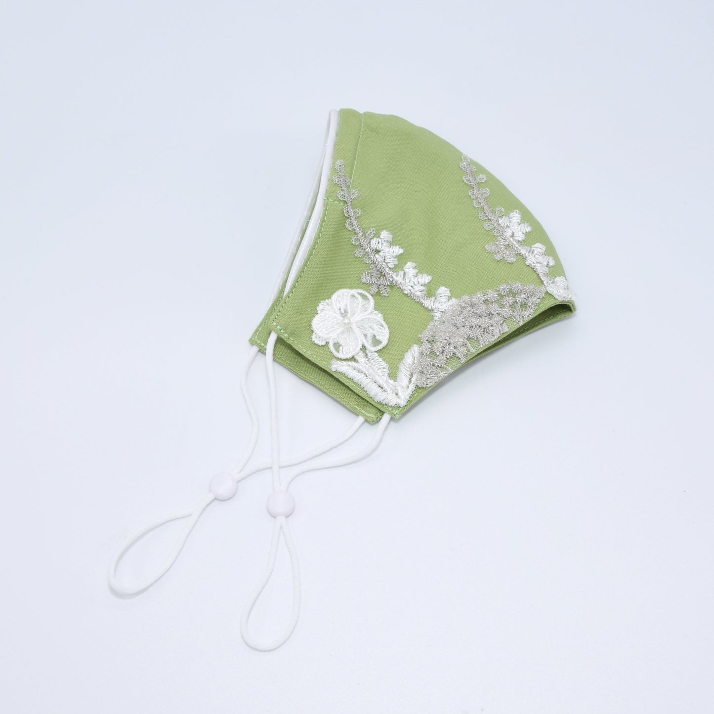 Pastel Green Bridesmaid Face Mask with Embroidery Appliqué and White Satin Piping