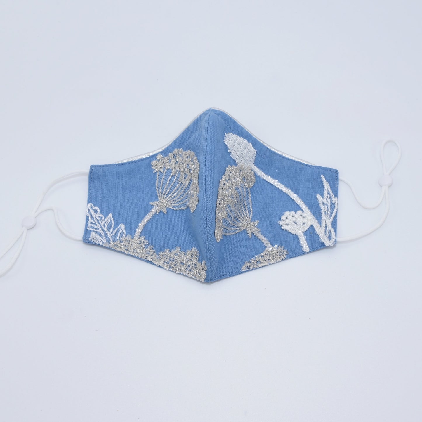 Cornflower Blue Bridesmaid Face Mask with Embroidery Appliqué and Silver Satin Piping