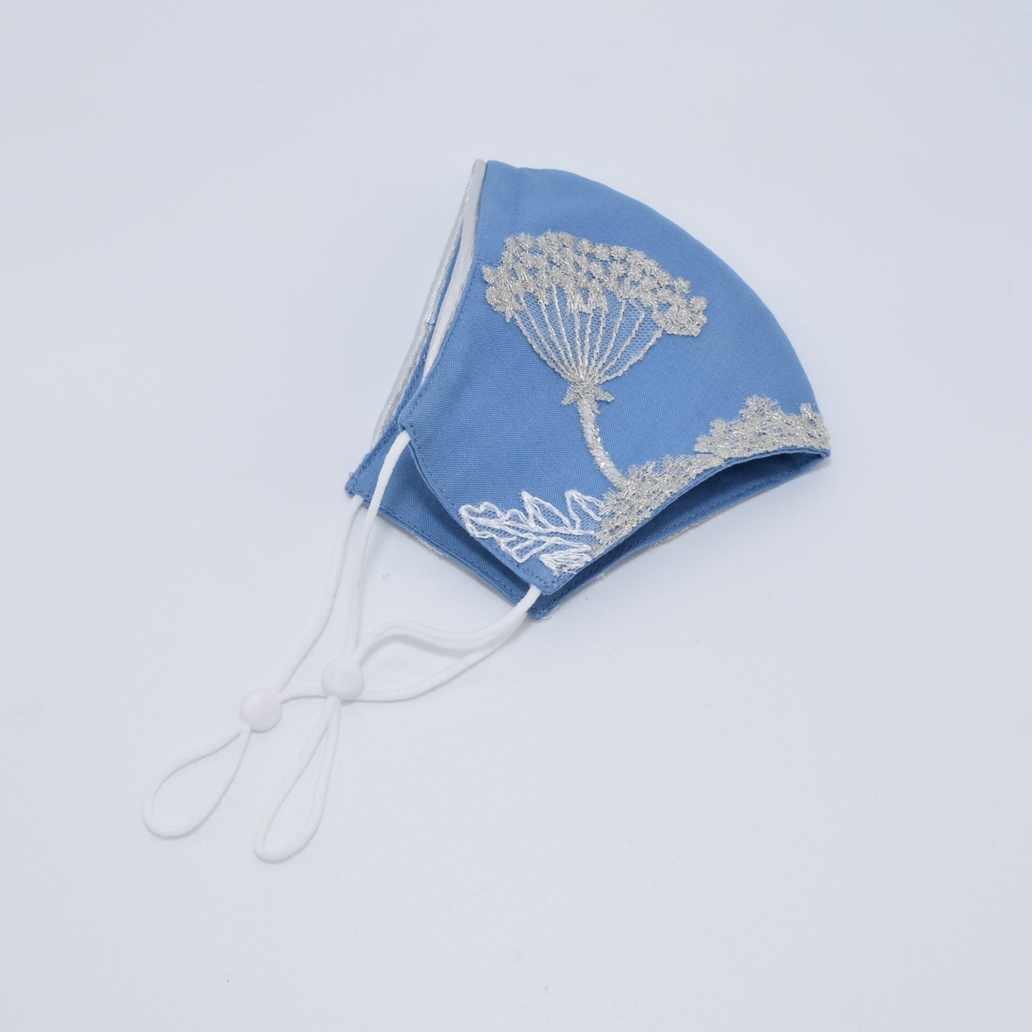 Cornflower Blue Bridesmaid Face Mask with Embroidery Appliqué and Silver Satin Piping