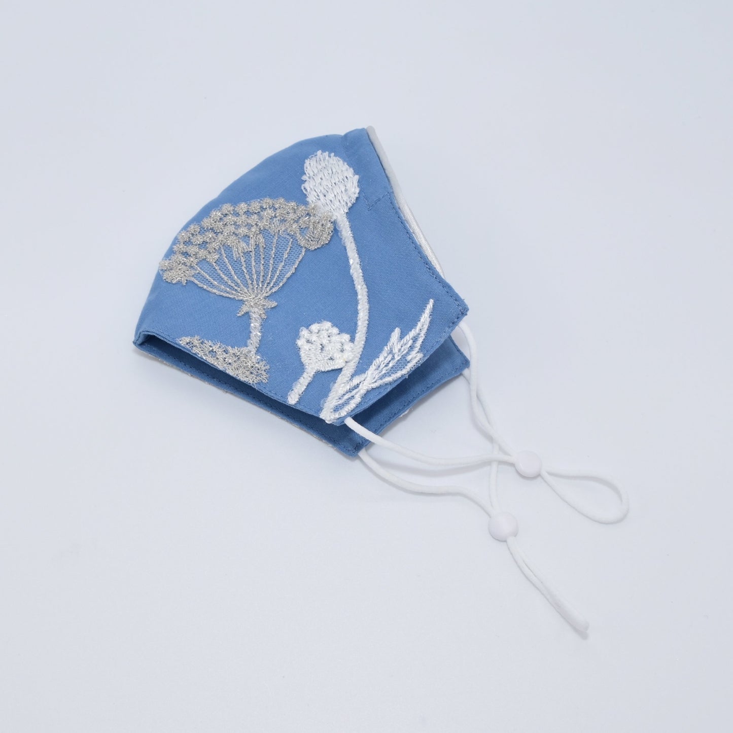 Cornflower Blue Bridesmaid Face Mask with Embroidery Appliqué and Silver Satin Piping