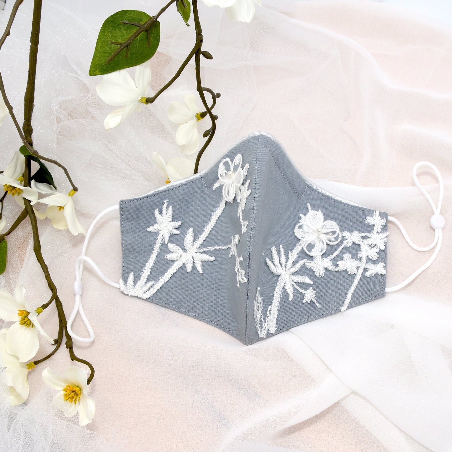 Gray Bridesmaid Face Mask with Embroidery Appliqué and Silver Satin Piping
