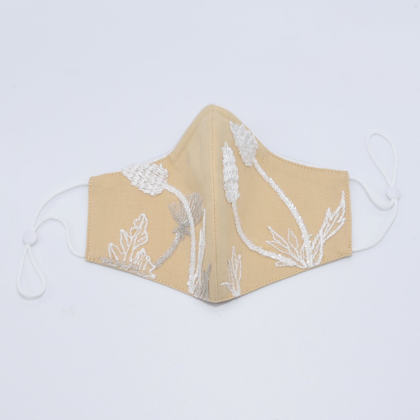 Wheat Beige Bridesmaid Face Mask with Embroidery Appliqué and White Satin Piping