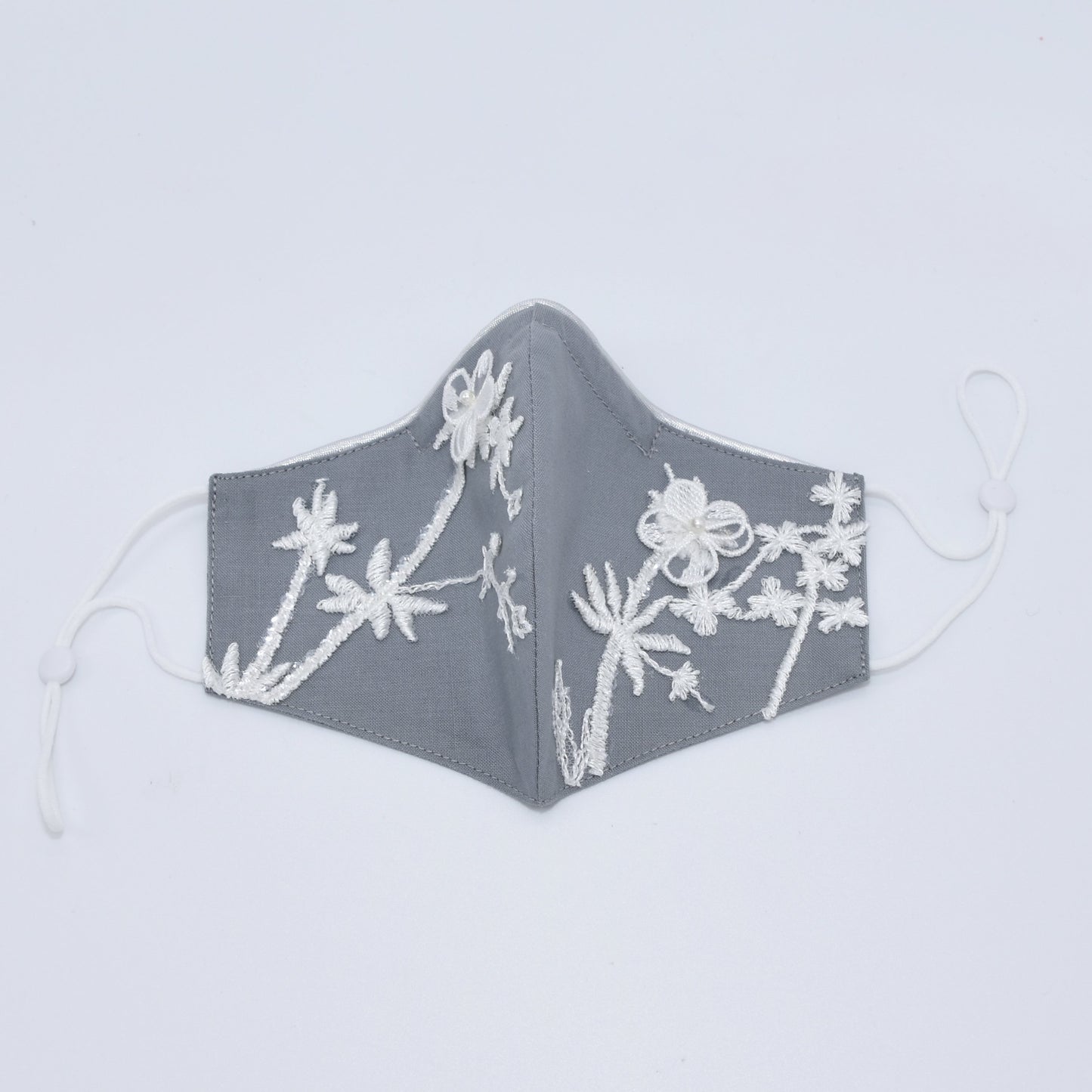 Gray Bridesmaid Face Mask with Embroidery Appliqué and Silver Satin Piping