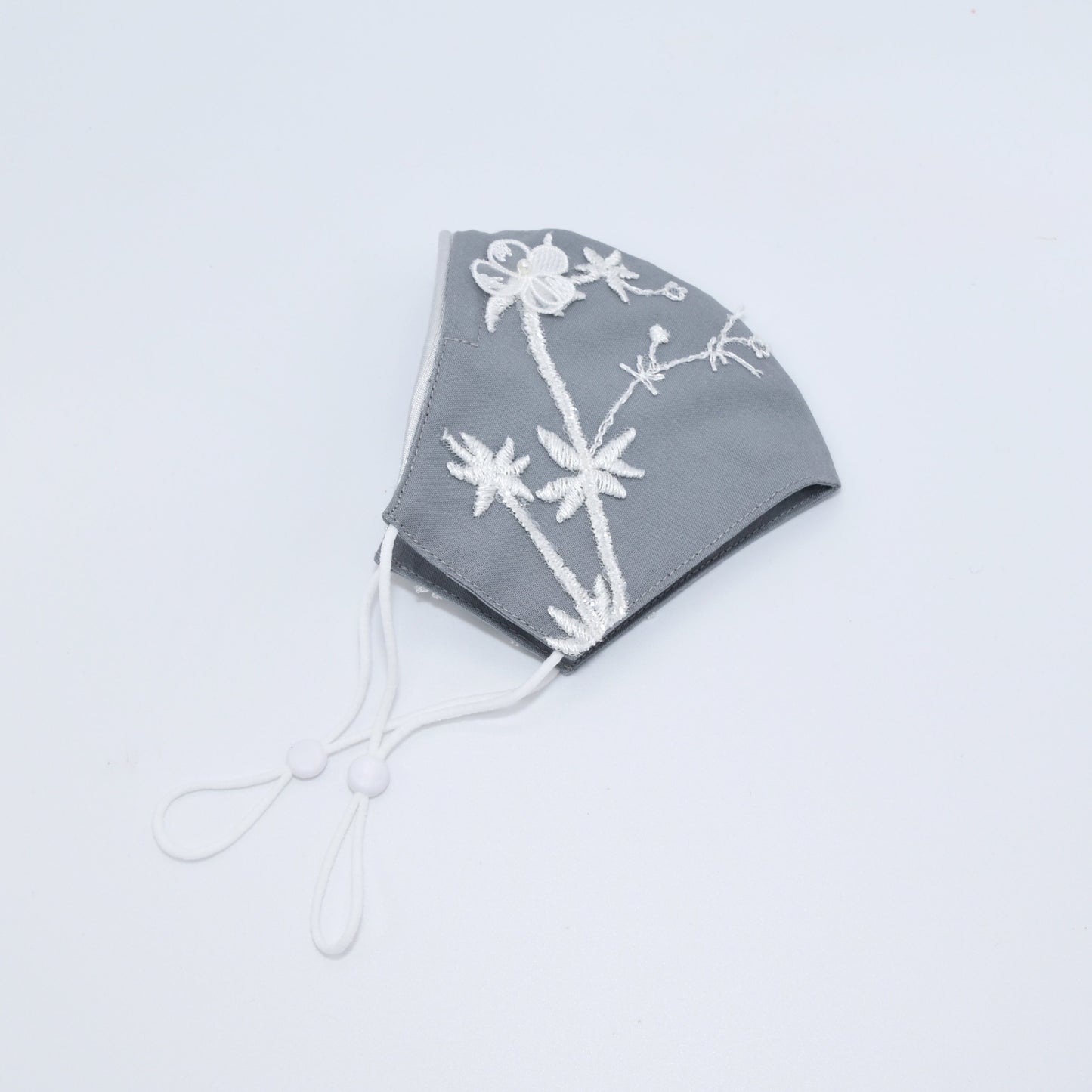 Gray Bridesmaid Face Mask with Embroidery Appliqué and Silver Satin Piping