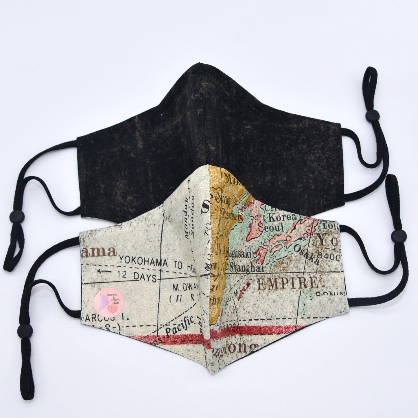 Vintage Map Print and Grunge Black Reversible Face Mask