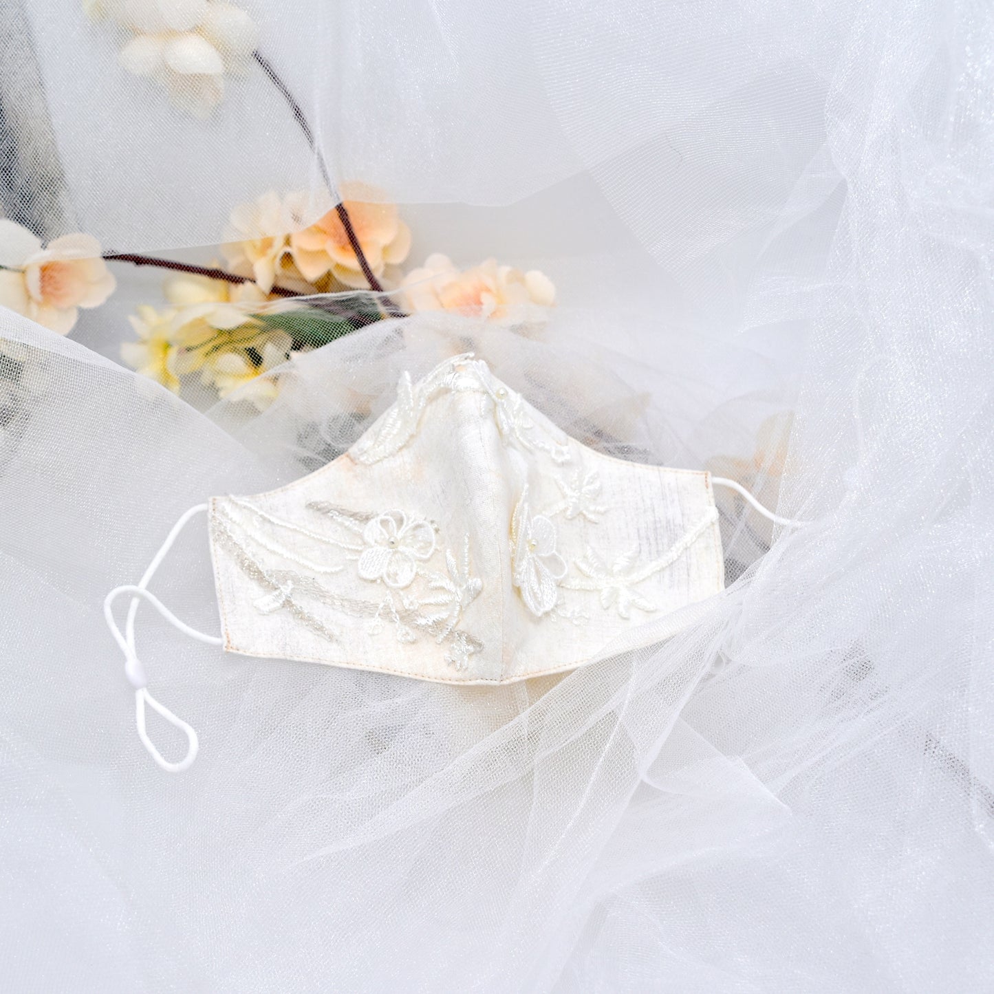 Off-White Bridal Face Mask with Embroidery Appliqué