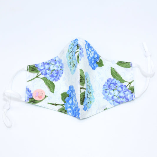 Blue Hydrangea Print on White Reversible Face Mask