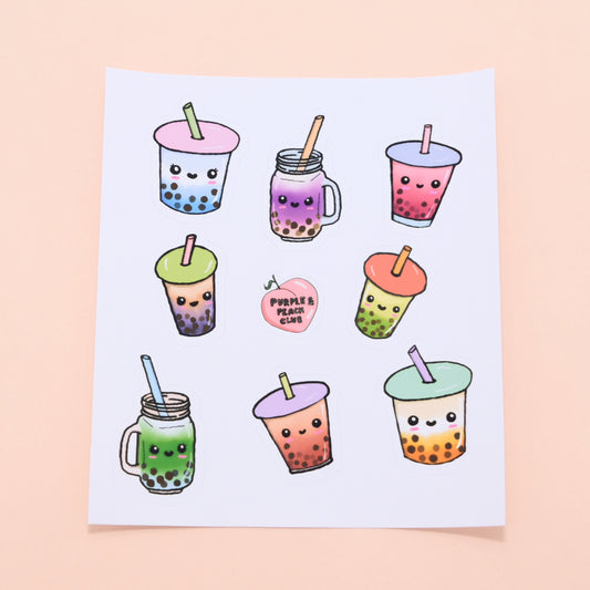 cute boba tea sticker sheet 