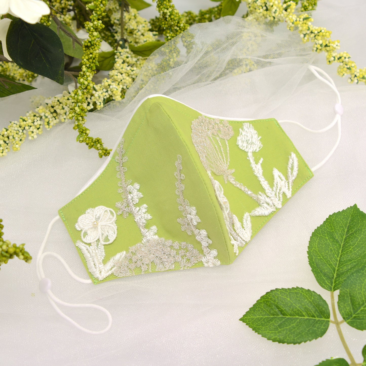Pastel Green Bridesmaid Face Mask with Embroidery Appliqué and White Satin Piping