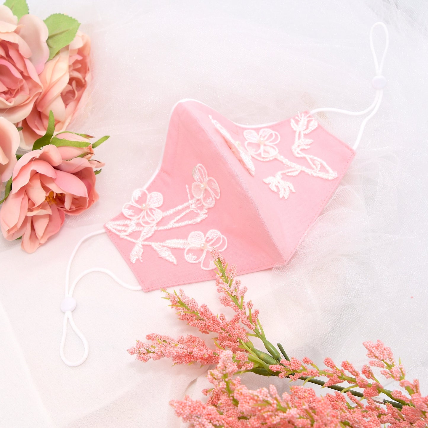 Blush Pink Bridesmaid Face Mask with Embroidery Appliqué and White Satin Piping