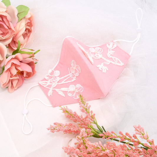 Blush Pink Bridesmaid Face Mask with Embroidery Appliqué and White Satin Piping