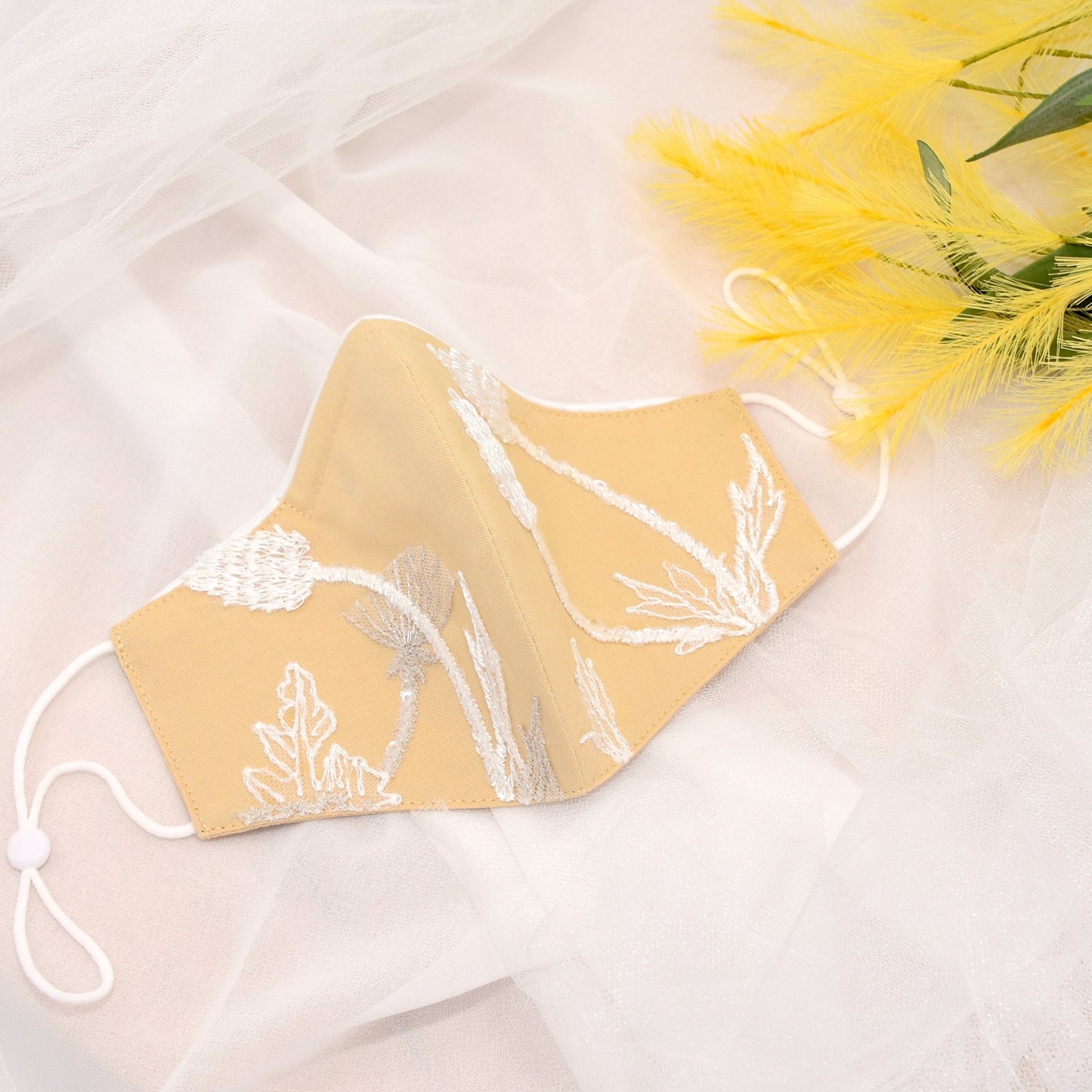 Wheat Beige Bridesmaid Face Mask with Embroidery Appliqué and White Satin Piping
