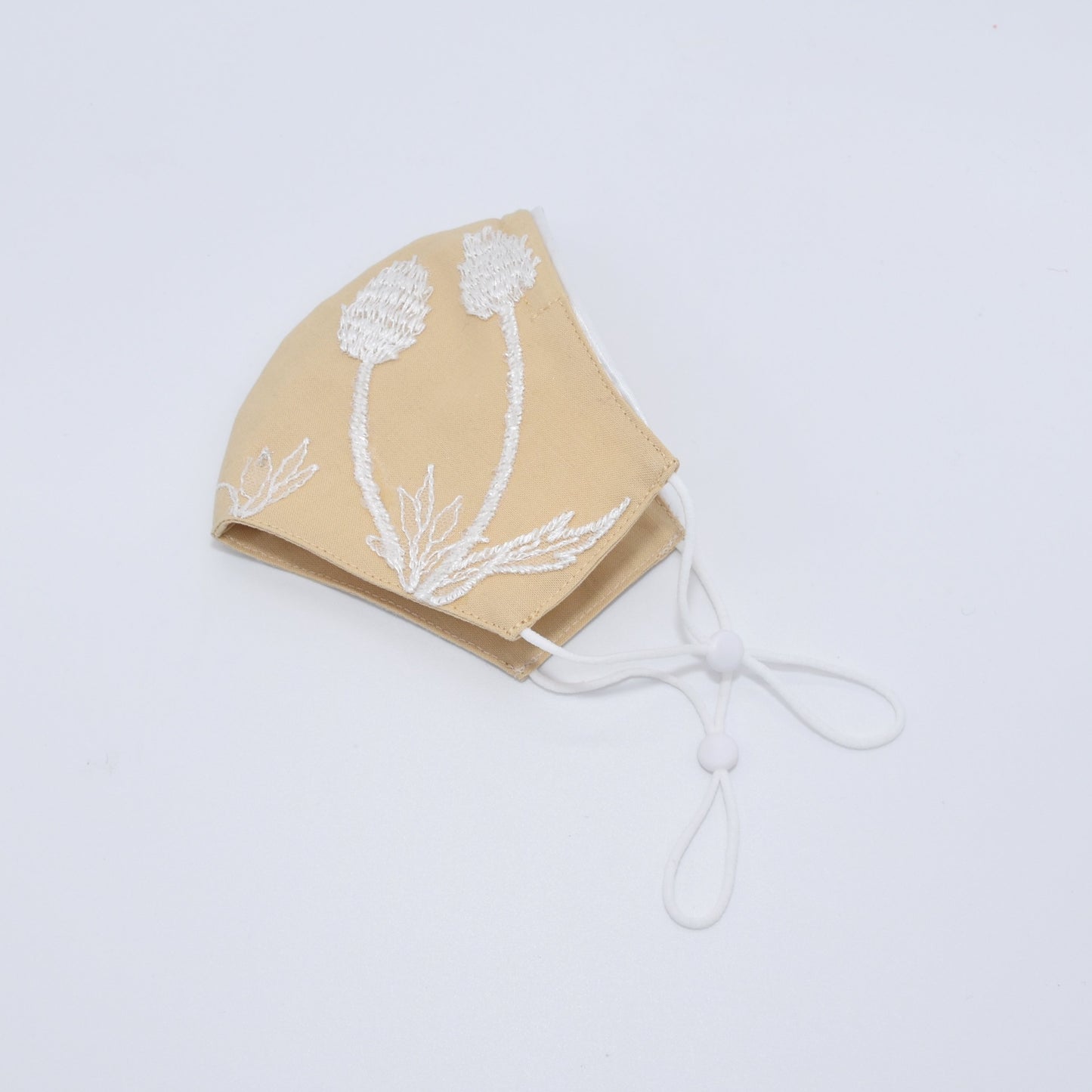 Wheat Beige Bridesmaid Face Mask with Embroidery Appliqué and White Satin Piping