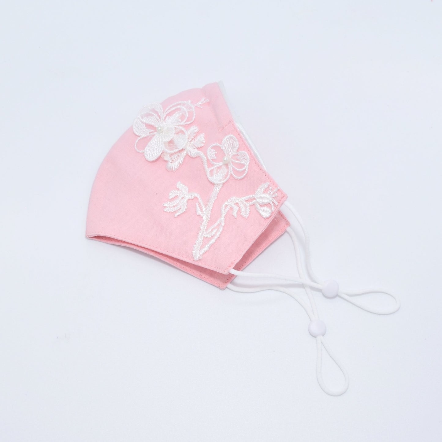 Blush Pink Bridesmaid Face Mask with Embroidery Appliqué and White Satin Piping